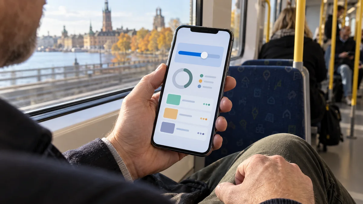 Hand med mobil visar ett lånebeloppsreglage och enkla budgetstaplar på ett svenskt pendeltåg