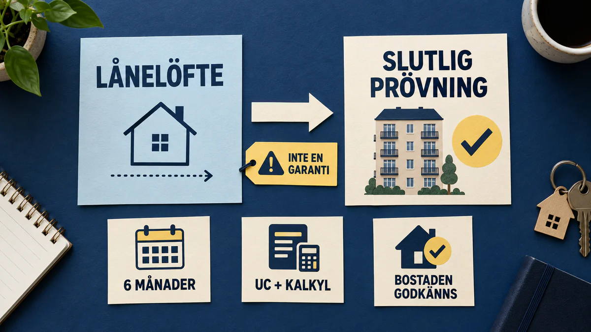 Process från preliminärt lånelöfte med sex månaders giltighet och UC-kalkyl till slutlig prövning av den aktuella bostaden