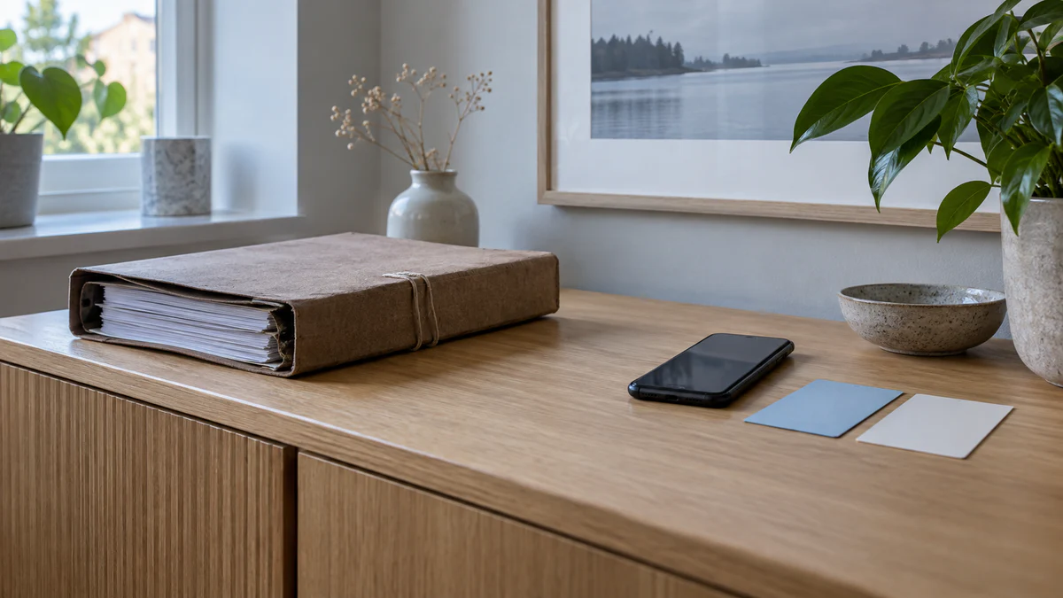 Gammal arkivmapp med lånepapper och en modern mobil ligger åtskilda på en svensk björkskänk
