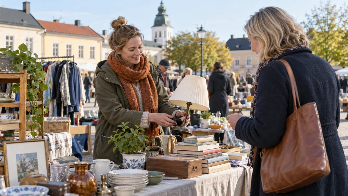 Kvinna visar en begagnad lampa bland böcker och porslin vid en loppmarknad på ett svenskt torg