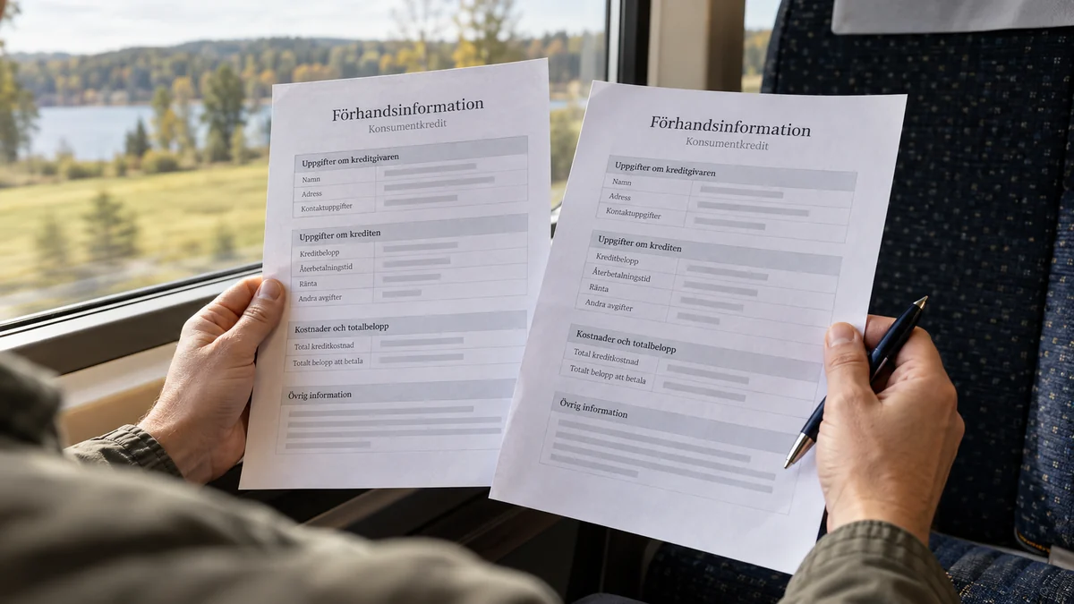 Två illustrativa förhandsinformationsblad för lån jämförs på ett svenskt tåg