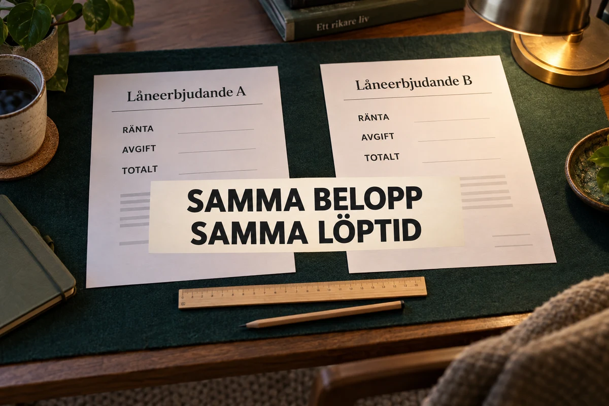 Två fiktiva låneofferter med rubrikerna Ränta, Avgift och Totalt ligger bredvid linjal och penna på en grön filtmatta, med texten Samma belopp – Samma löptid