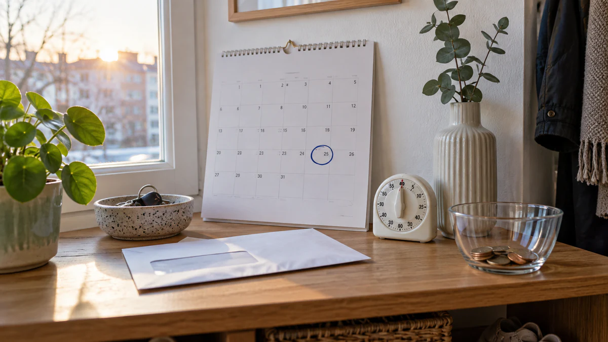 Kalender med markerad slutdag, kökstimer, betalningskuvert och nästan tom myntskål i en svensk hall