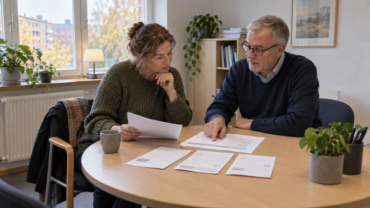 Två personer jämför betalningsavier och en hushållsbudget vid ett bord