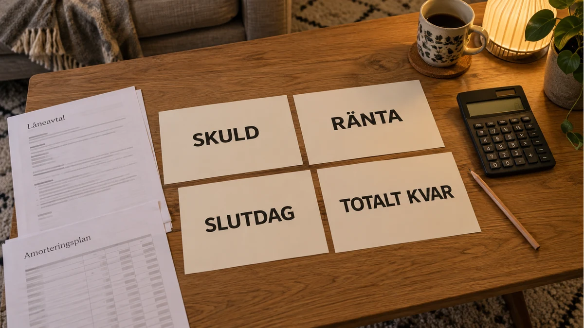 Fyra stora papperskort med orden Skuld, Ränta, Slutdag och Totalt kvar bredvid en illustrativ betalningsplan och räknare på ett soffbord