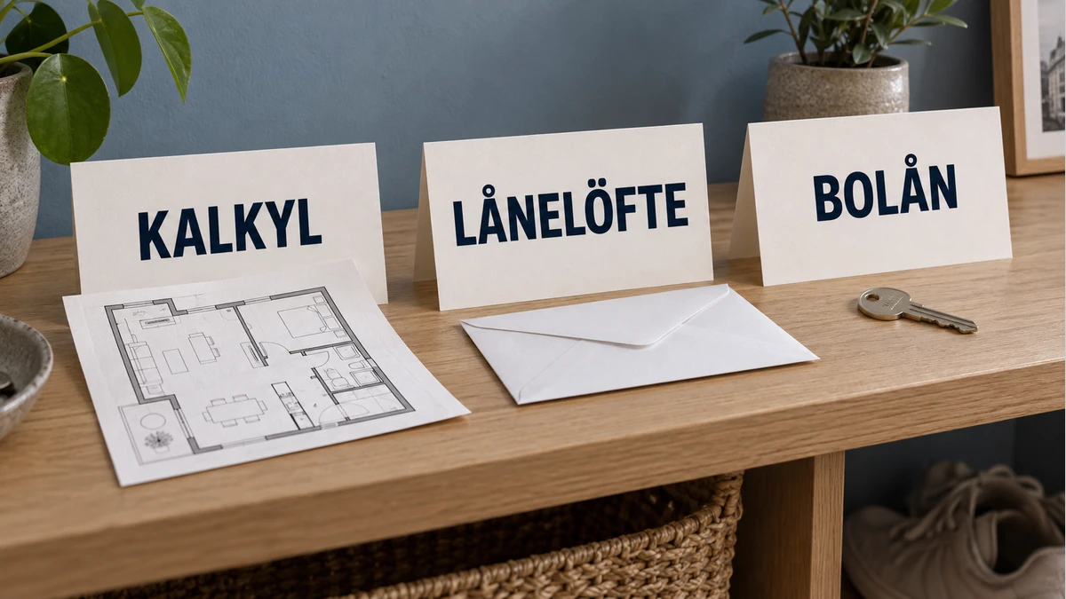 Tre kort märkta Kalkyl, Lånelöfte och Bolån på en träyta, med planritning, kuvert och nyckel som visar olika steg i bostadsfinansieringen