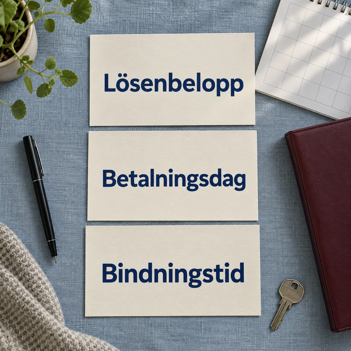 Tre stora kort märkta Lösenbelopp, Betalningsdag och Bindningstid på en blågrå yta, bredvid en kalender, mapp, penna och bostadsnyckel