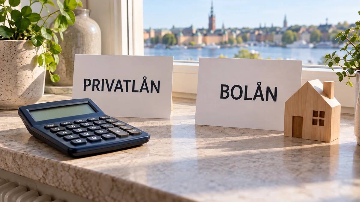 Två separata kort märkta Privatlån och Bolån bredvid en miniräknare och ett litet trähus visar att låneformerna behöver olika kalkyler