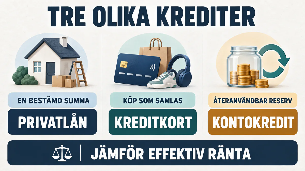 Jämförelse mellan privatlån för en bestämd summa, kreditkort för samlade köp och kontokredit som återanvändbar reserv