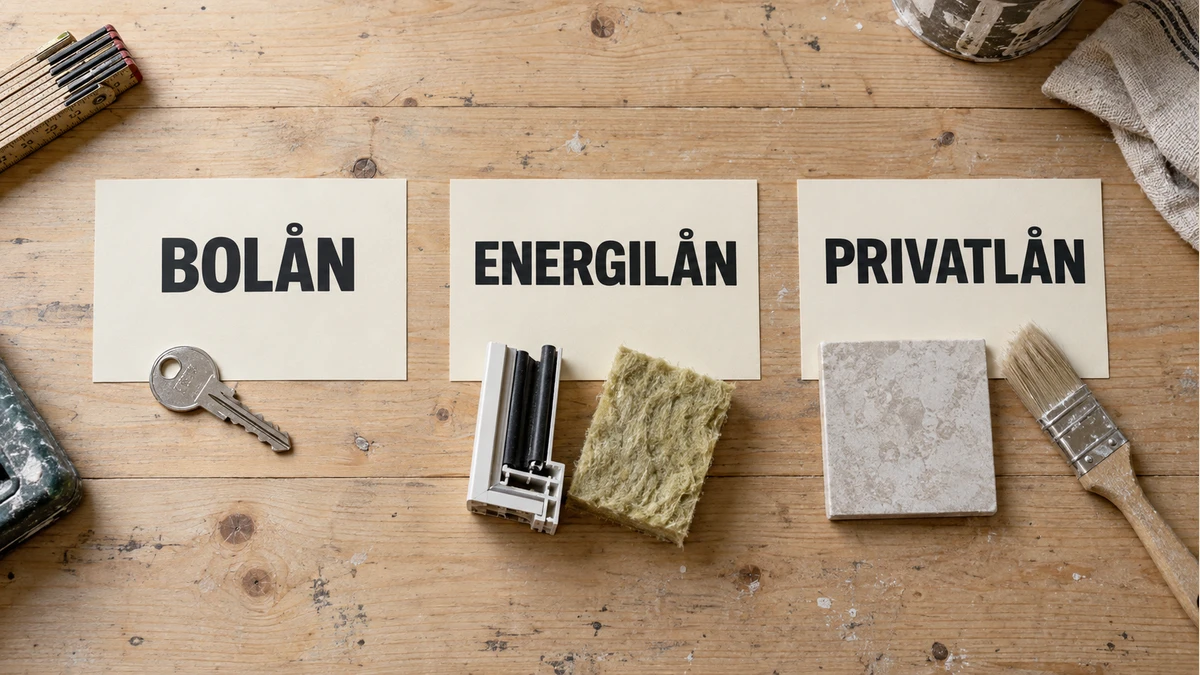 Tre kort på en träbänk visar Bolån med en husnyckel, Energilån med fönster- och isoleringsprover samt Privatlån med kakelprov och pensel