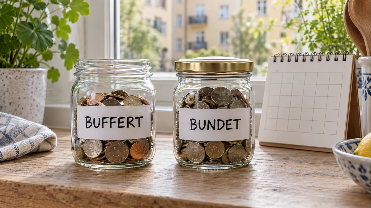 Två glasburkar märkta Buffert och Bundet, en öppen och en stängd, bredvid en kalender på en svensk fönsterbänk