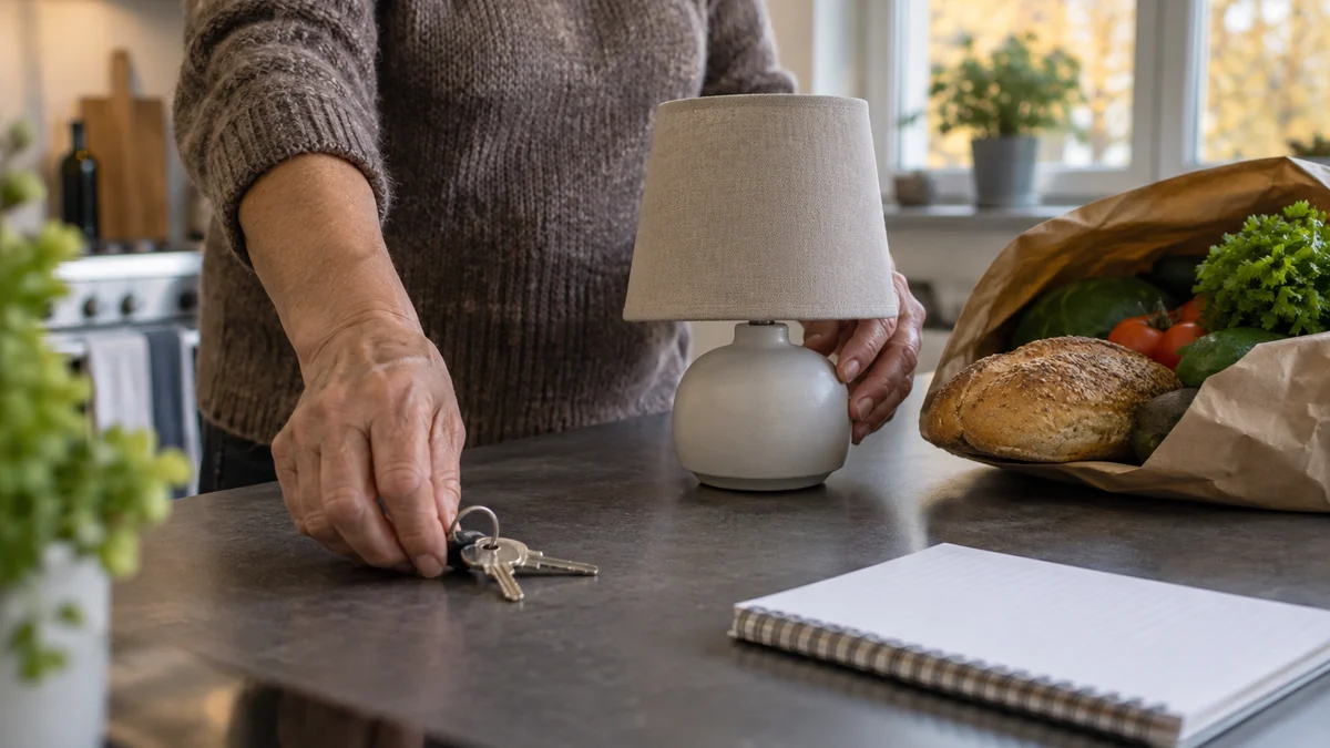 En person lägger nycklar bredvid en lampa, matvaror och ett tomt budgetblock för att prioritera nödvändiga utgifter