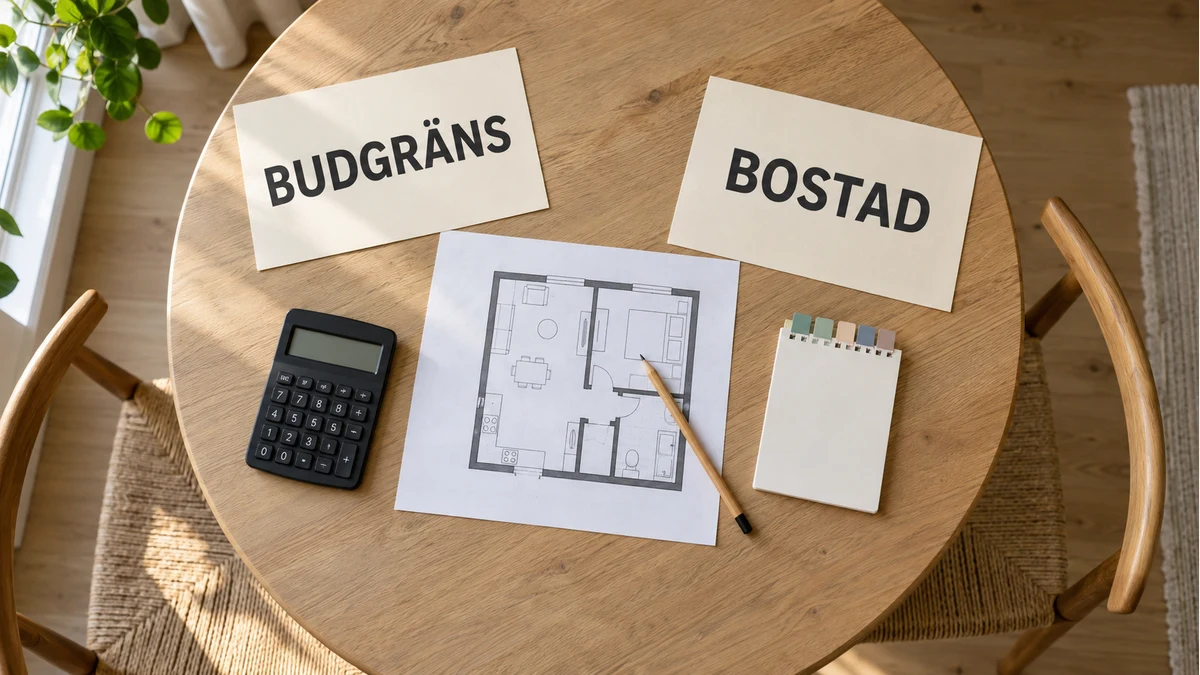 Planritning, kalender och miniräknare på ett matbord med korten Budgräns och Bostad för att skilja budgeten från den valda bostaden