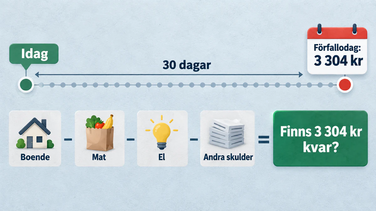 Trettiodagarslinje till en förfallodag på 3 304 kronor och en kontroll av vad som återstår efter boende, mat, el och andra skulder