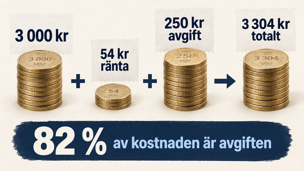 Räknebild där 3 000 kronor plus cirka 54 kronor i ränta och 250 kronor i avgift blir cirka 3 304 kronor, och avgiften utgör 82 procent av kreditkostnaden