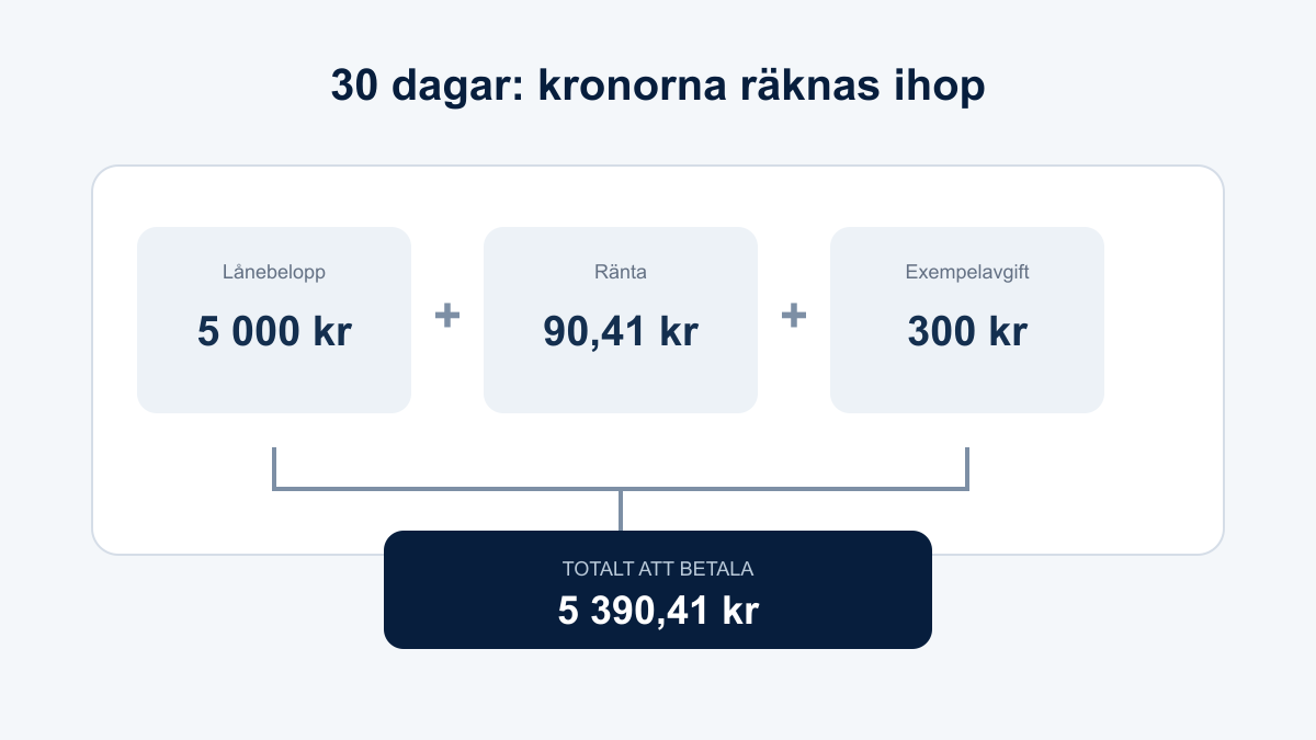 Räkneexempel där 5 000 kronor plus 90 kronor och 41 öre i ränta och 300 kronor i avgift blir 5 390 kronor och 41 öre