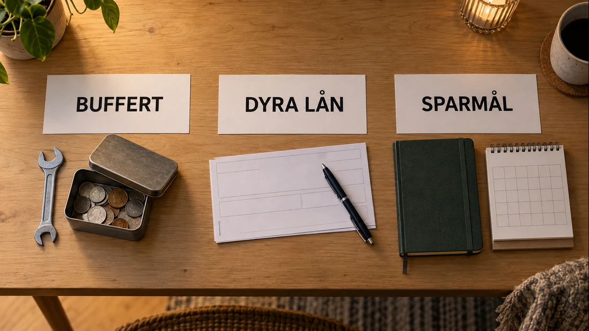 Tre kort märkta Buffert, Dyra lån och Sparmål med myntlåda, verktyg, betalningsunderlag och kalender på ett träbord
