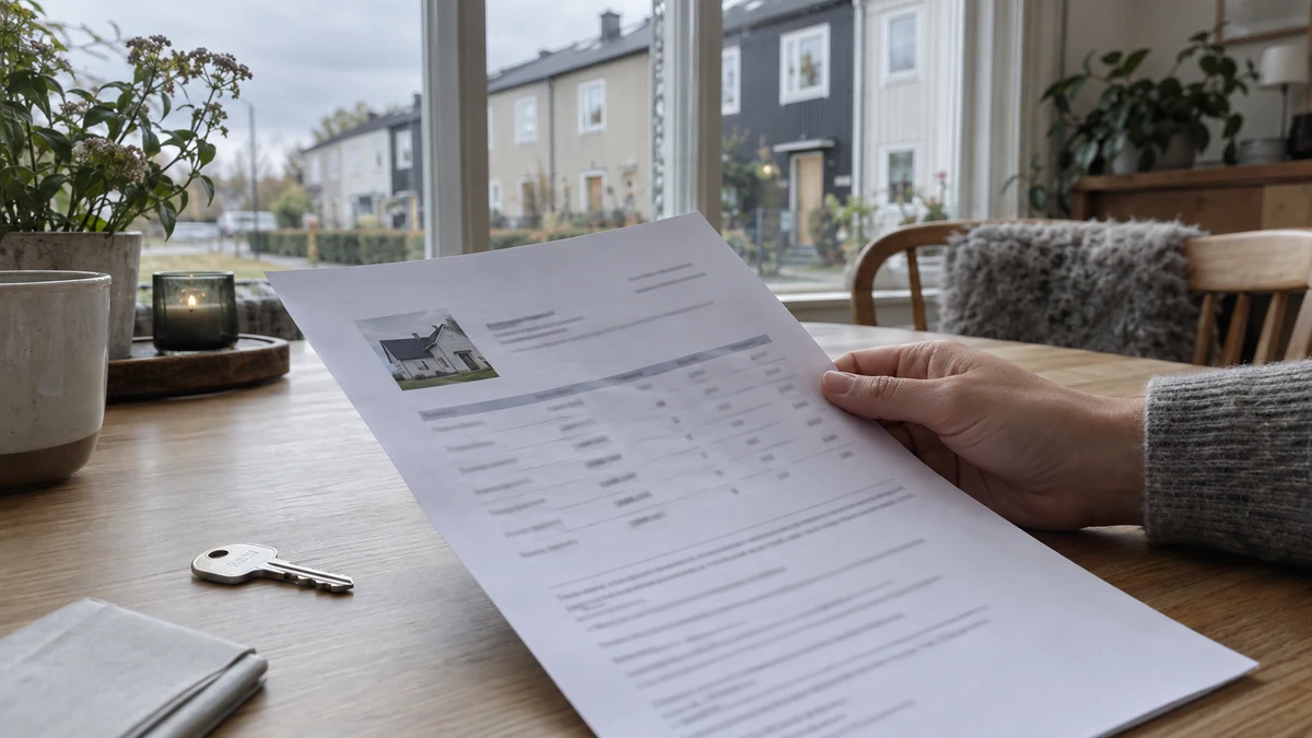 En låntagare håller en bolåneoffert med rader för olika bindningstider vid ett svenskt radhus, med husnyckeln intill