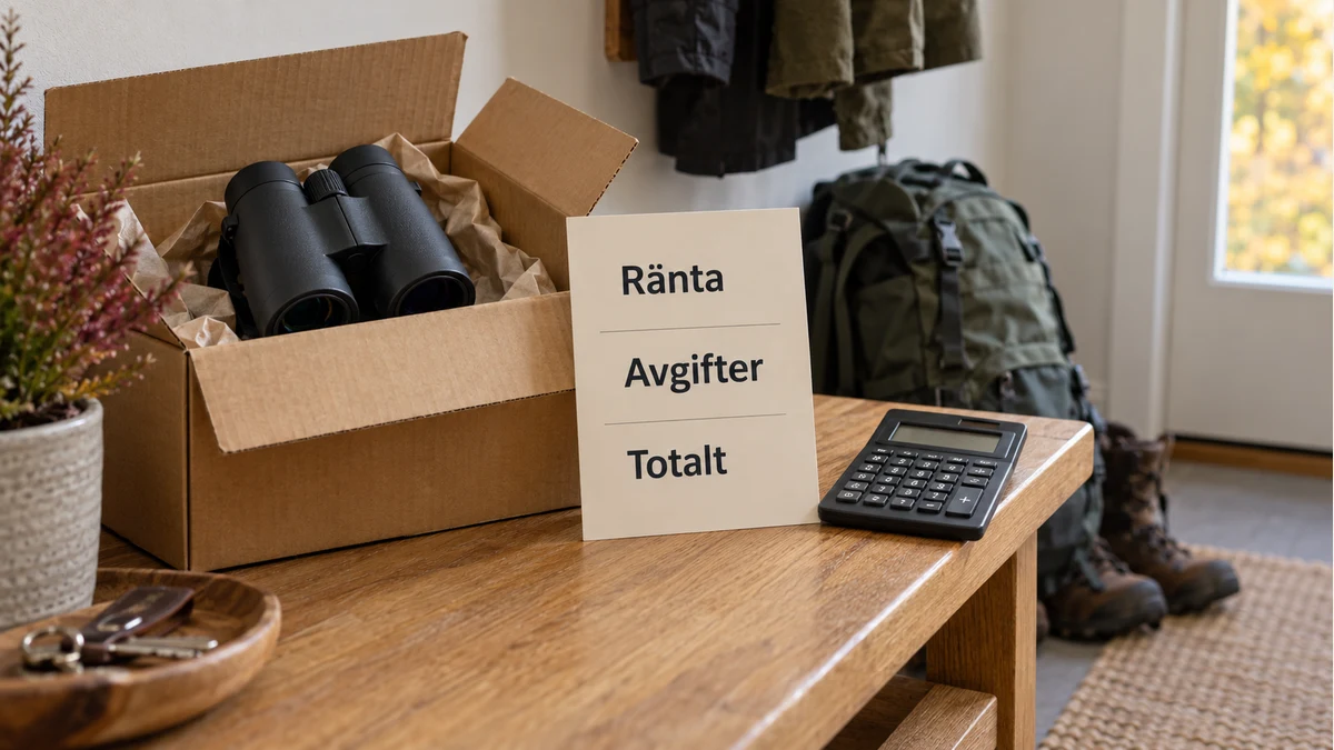 Kikare i en öppen leveranskartong på en hallbänk bredvid miniräknare och ett kort med orden Ränta, Avgifter och Totalt