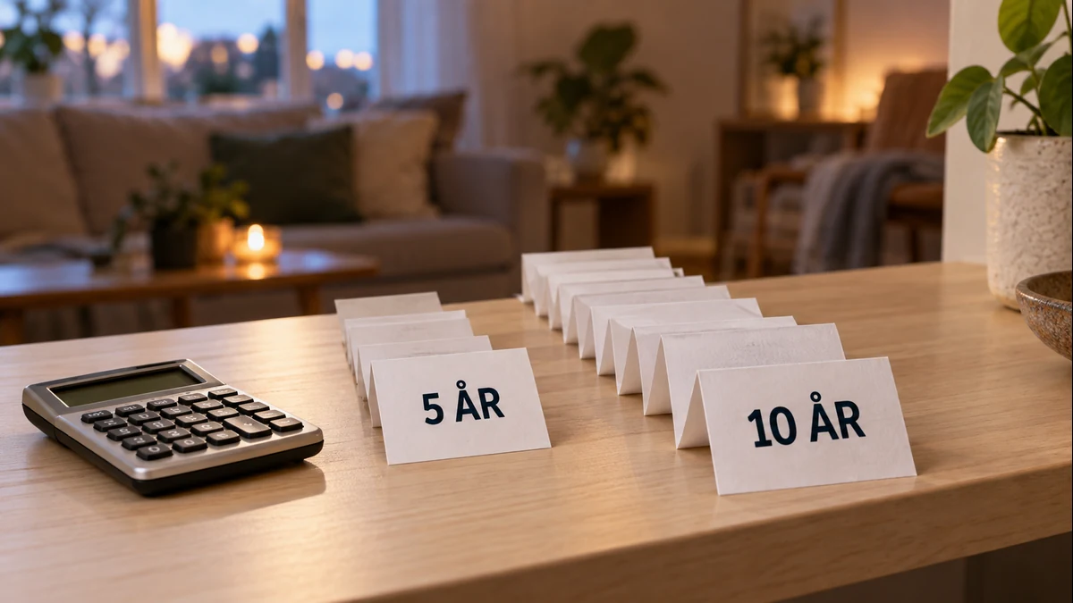 Två vikta betalningsplaner märkta 5 år och 10 år bredvid en miniräknare visar skillnaden mellan kortare och längre återbetalning.