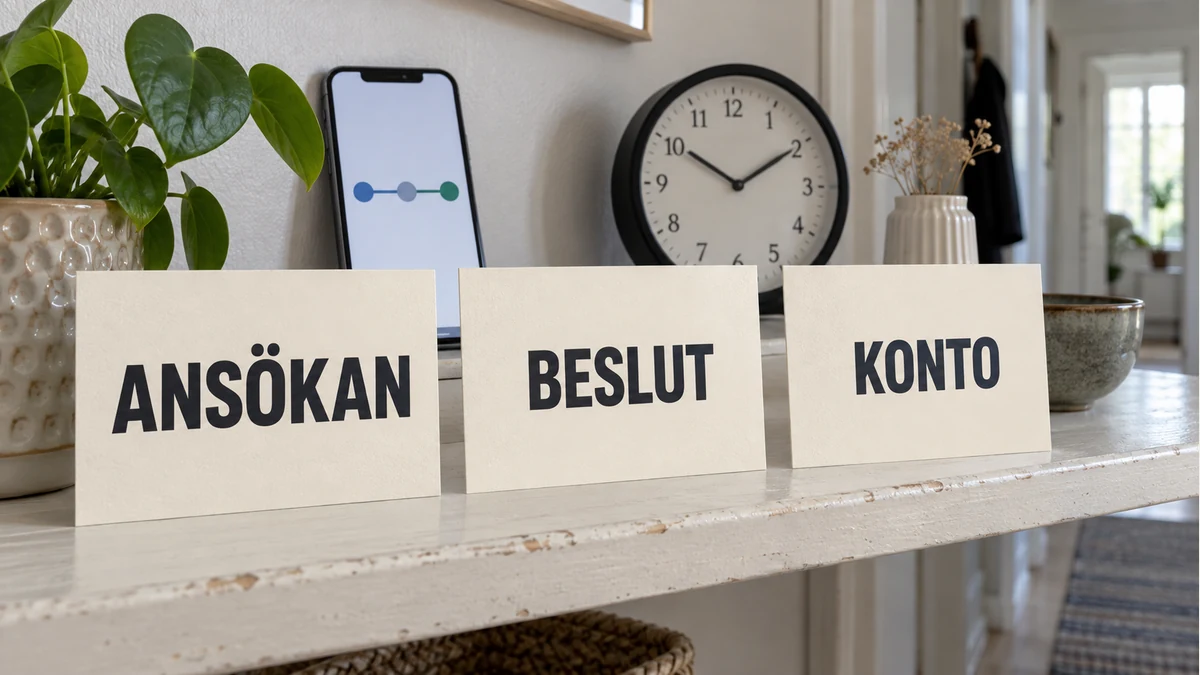 Tre separata kort med orden Ansökan, Beslut och Konto står på en hallhylla bredvid en mobil och en analog klocka