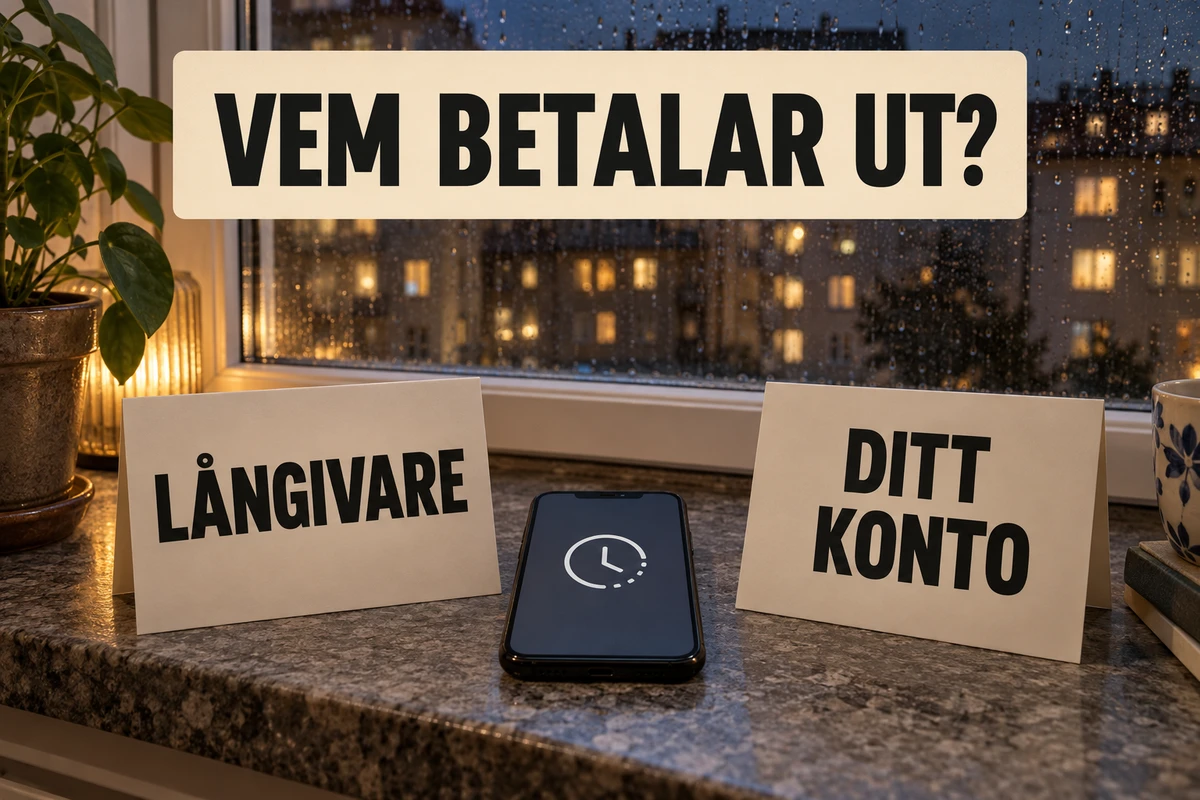 Två kort märkta Långivare och Ditt konto står på en stenfönsterbräda med en mobil mellan sig och frågan Vem betalar ut? ovanför, mot en regnig nattgata