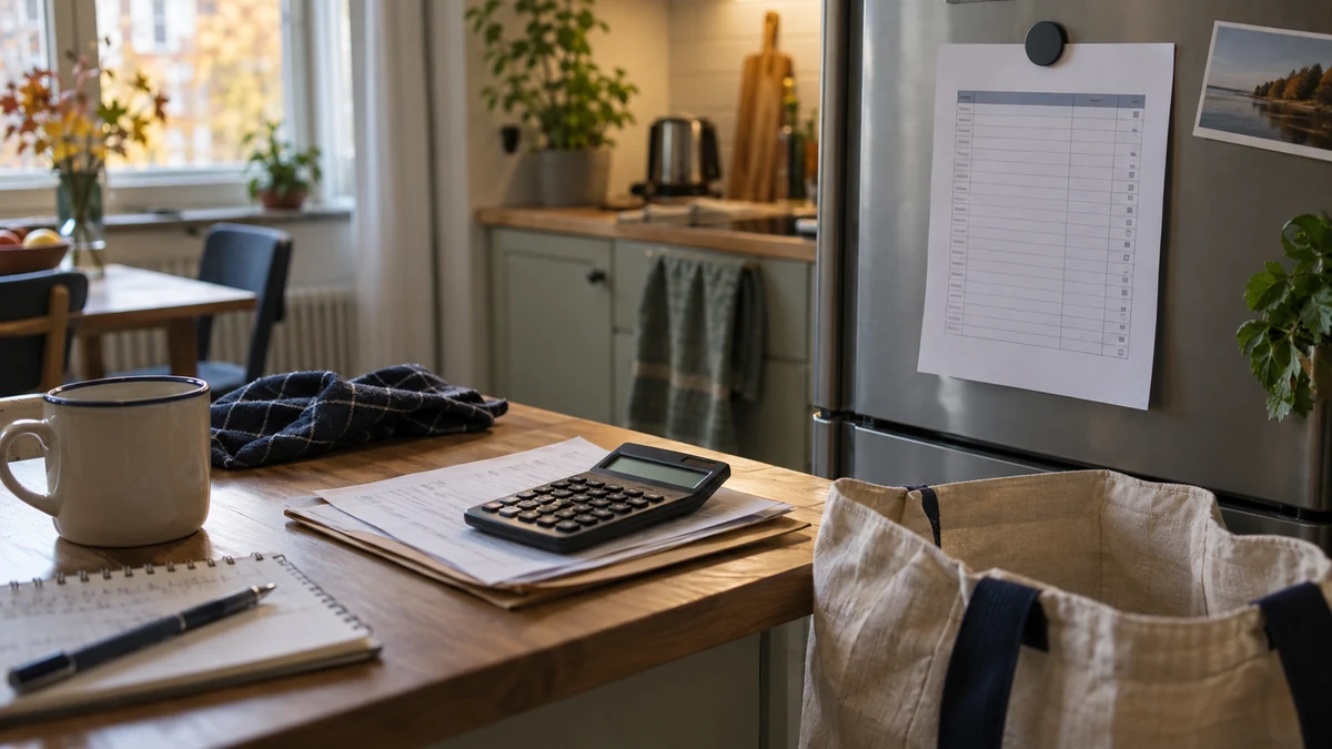 Miniräknare på ett låneunderlag i ett svenskt kök, med en uppsatt månadsplan som påminner om återkommande betalningar