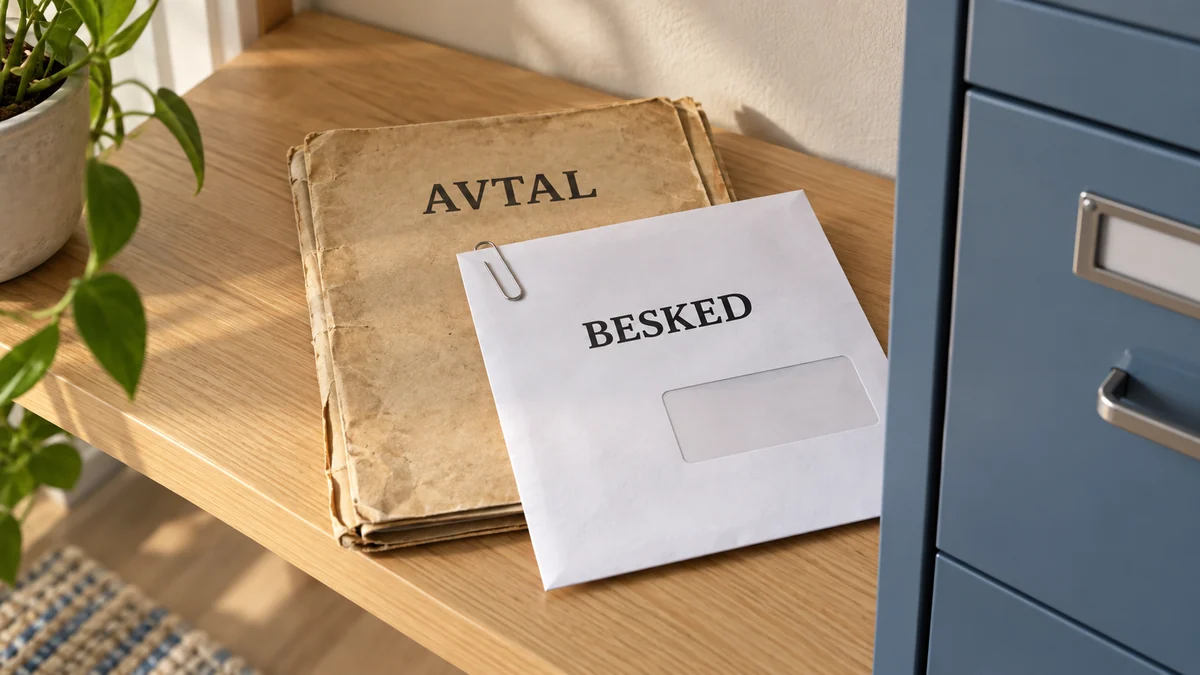 Gammal brun mapp märkt Avtal och ett nytt vitt kuvert märkt Besked ligger tillsammans på en trähylla