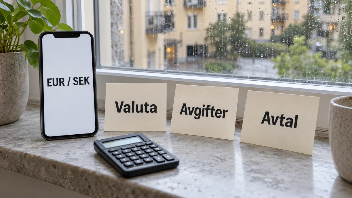 Mobil med EUR och SEK bredvid en miniräknare och tre kort märkta Valuta, Avgifter och Avtal på en svensk fönsterbänk
