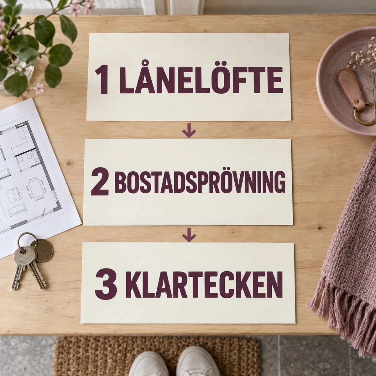 Tre stora kort på en ljus träbänk visar stegen Lånelöfte, Bostadsprövning och Klartecken, med pilar, bostadsritning och nycklar bredvid