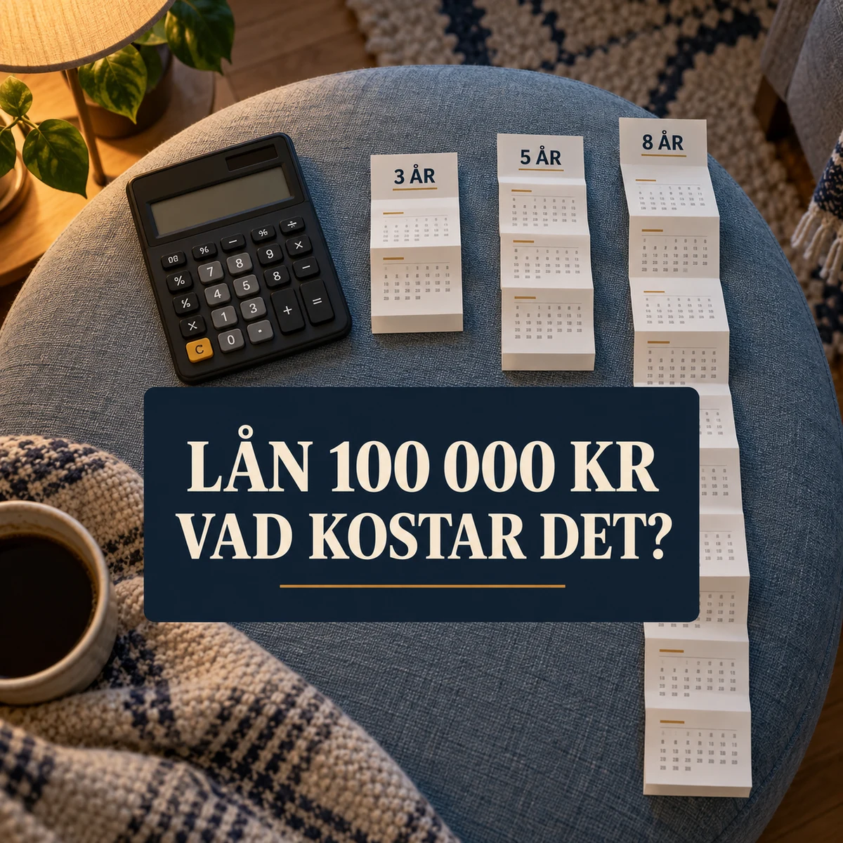 Miniräknare och vikta papperskalendrar märkta 3, 5 och 8 år på en blå sittpuff i kvällsljus, med texten Lån 100 000 kr – vad kostar det?