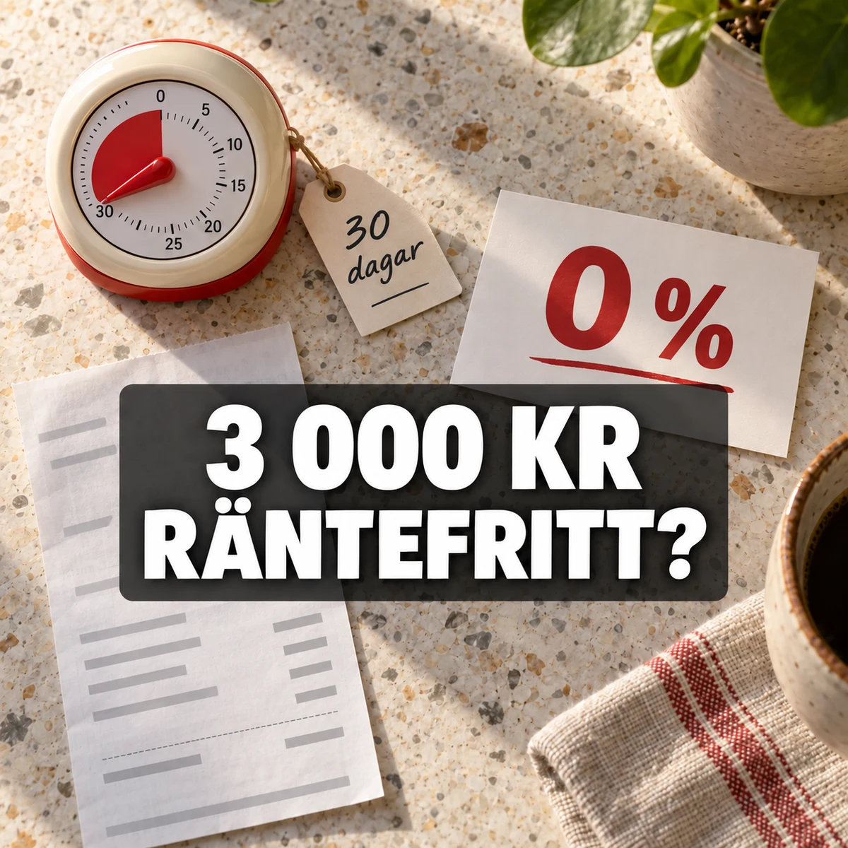 Kökstimer, lapp med 30 dagar, nollprocentsskylt och anonymiserat avgiftsunderlag på en ljus köksbänk med texten 3 000 kr räntefritt?