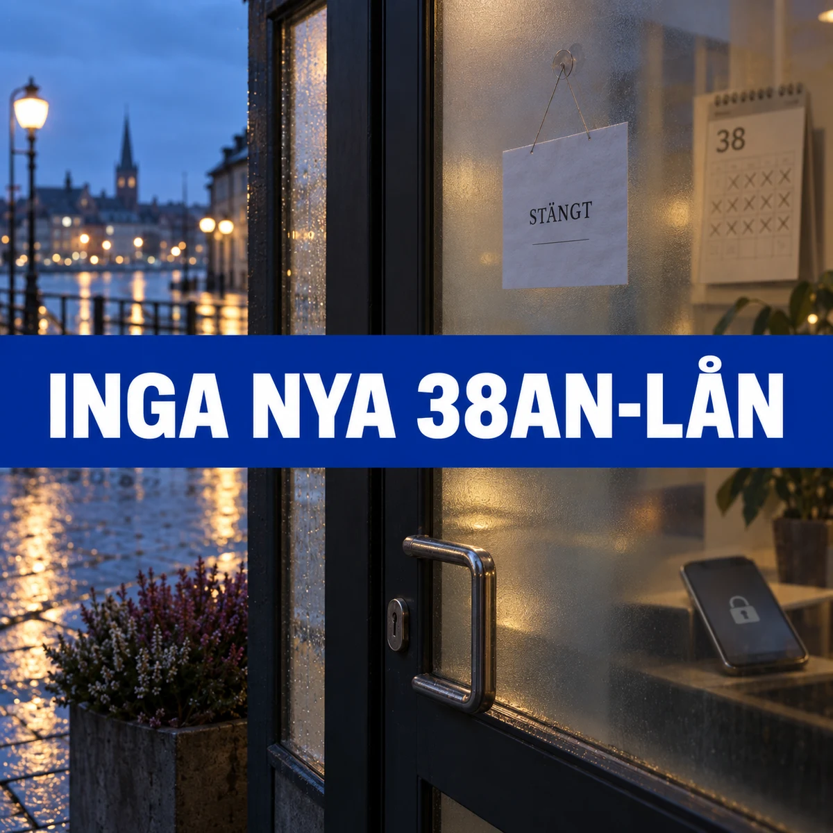 Stängd glasdörr i en regnig svensk stad med texten Inga nya 38an-lån