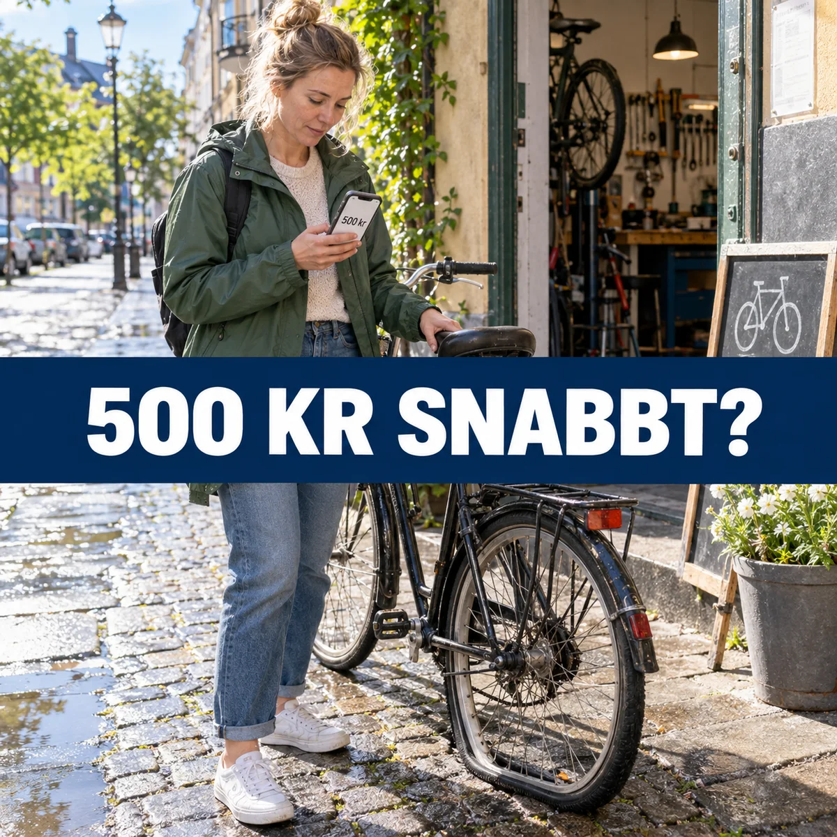 Kvinna med cykel utanför en svensk verkstad tittar på en kostnad på 500 kr i mobilen, med texten 500 kr snabbt?