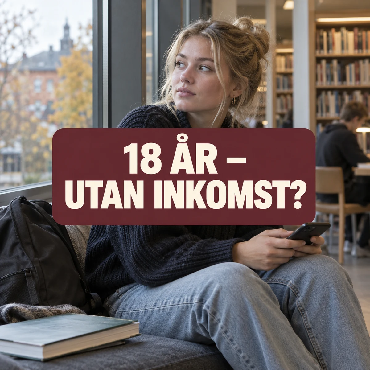 Ung vuxen kvinna med mobil, skolbok och ryggsäck på en svensk biblioteksbänk med texten 18 år – utan inkomst?