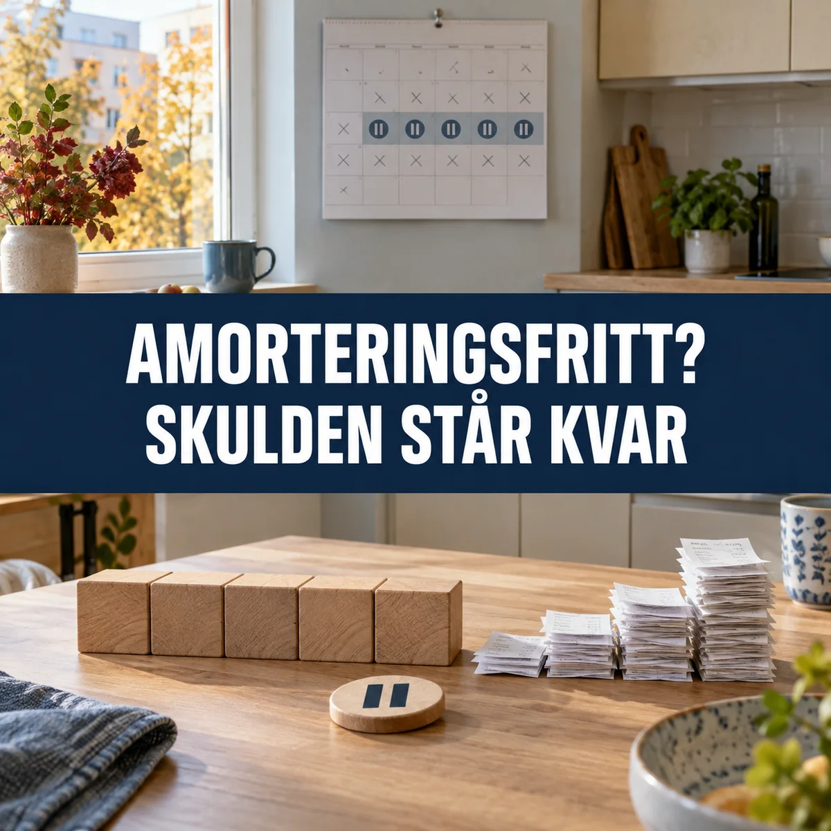 Träklossar visar oförändrad skuld medan räntekvitton växer under en amorteringsfri period och texten Amorteringsfritt? Skulden står kvar