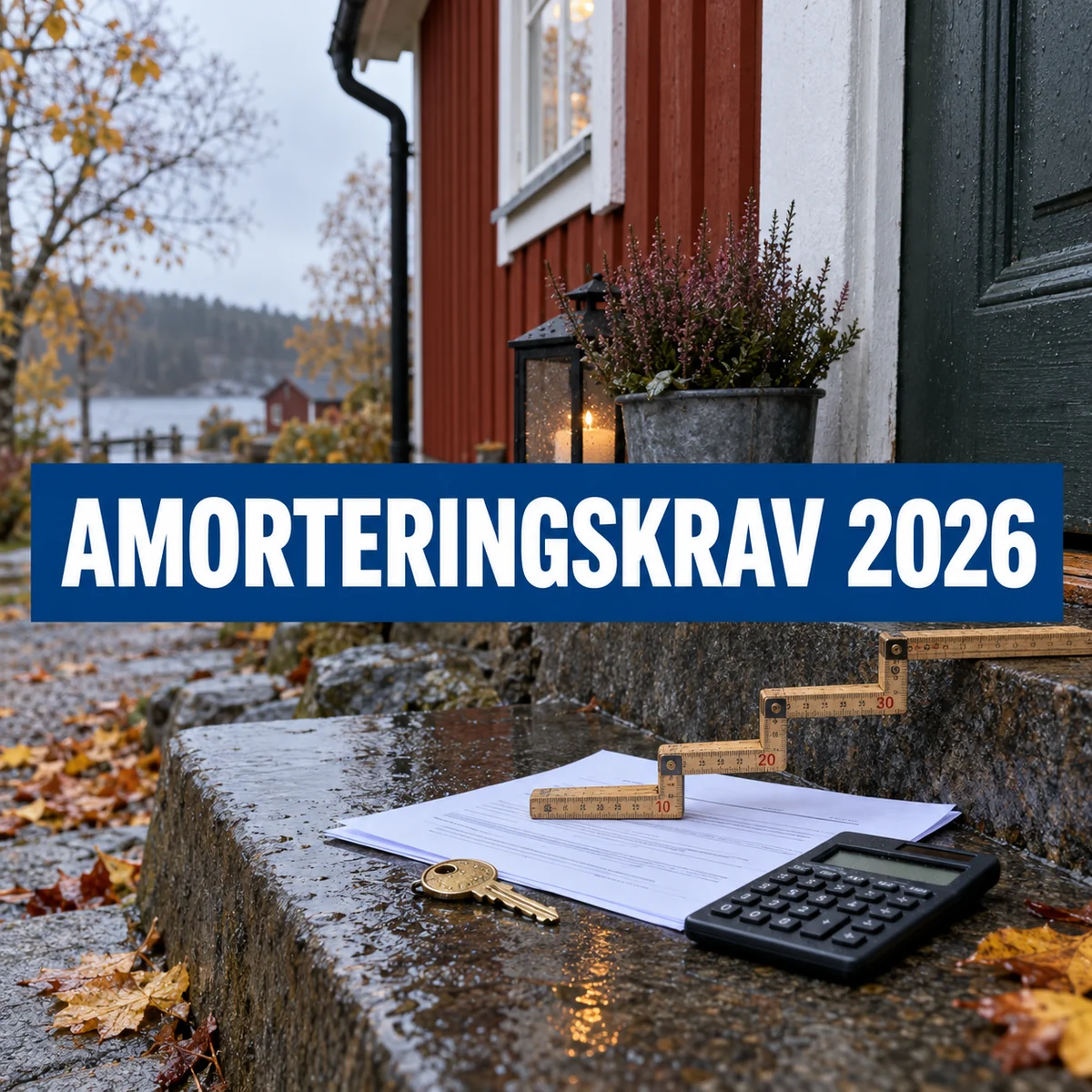 Svenskt trähus med nyckel, bolånehandlingar, kalkylator och tumstock som trappa samt texten Amorteringskrav 2026