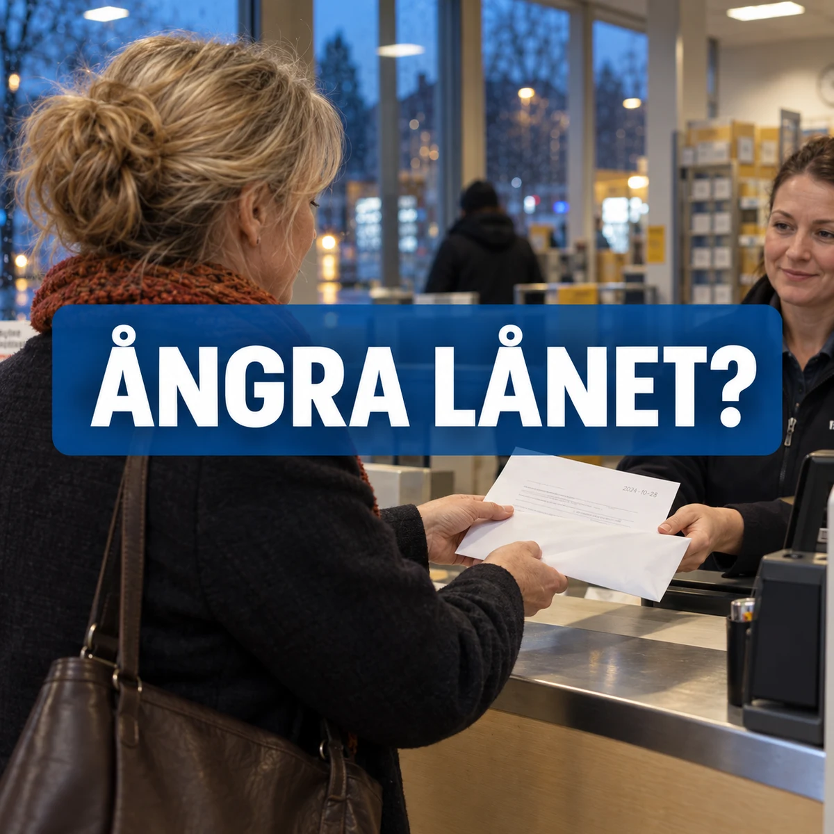 Svensk kvinna skickar ett skriftligt meddelande om ångerrätt på lån med texten Ångra lånet?