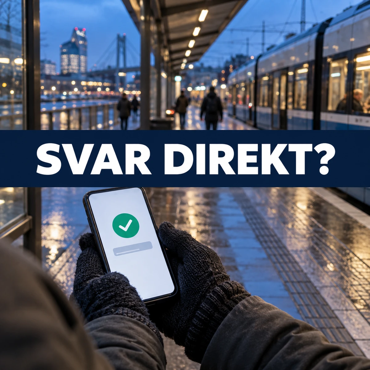 Mobil med godkännandesymbol vid en svensk spårvagnshållplats och texten Svar direkt?