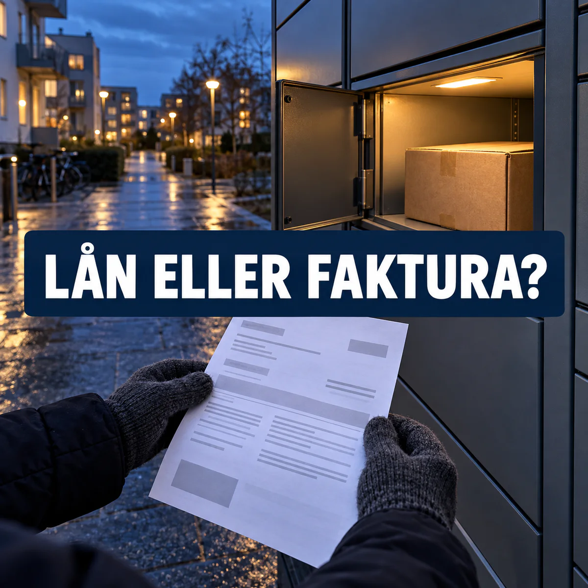 Paket i ett svenskt paketskåp och en faktura med texten Lån eller faktura?