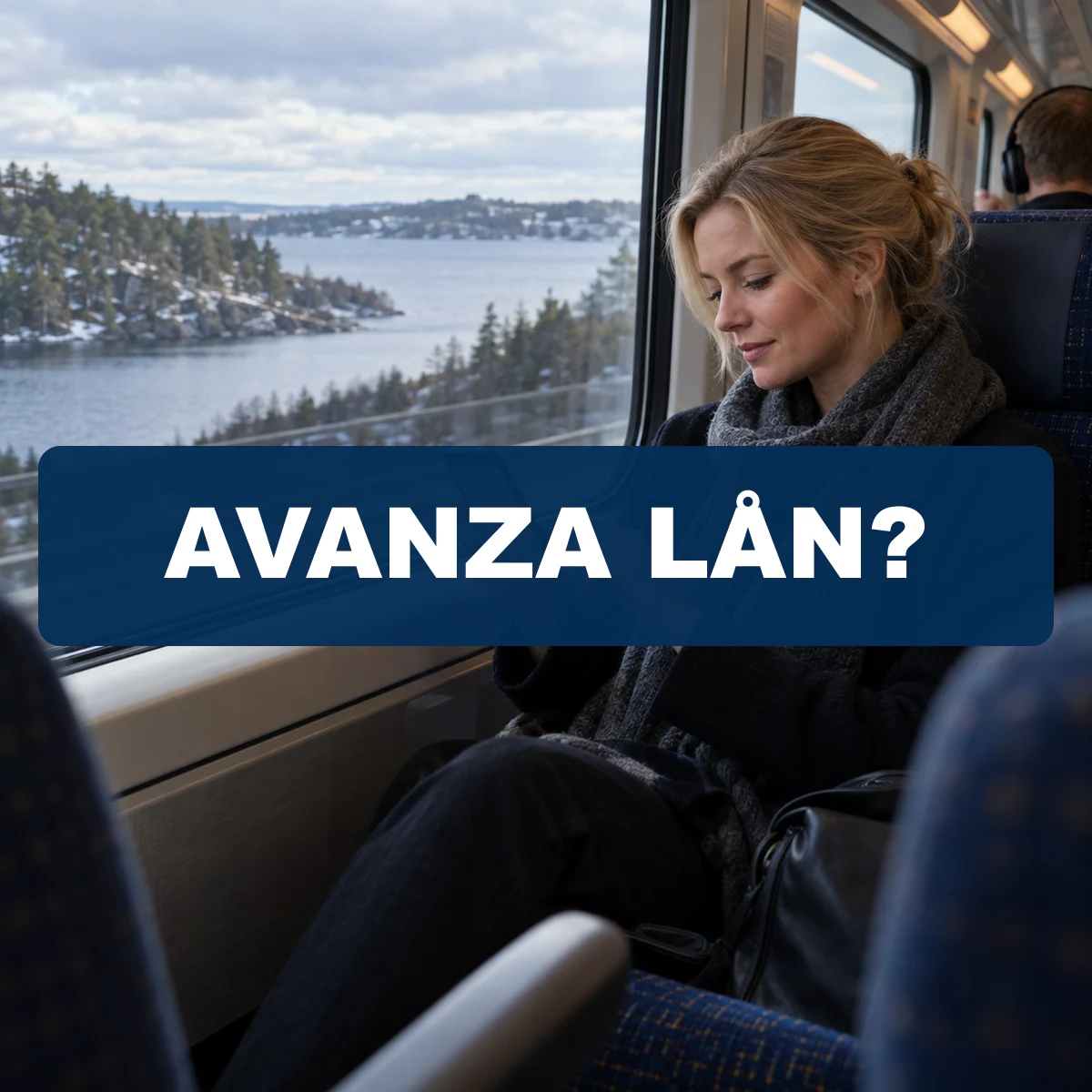 En svensk kvinna på ett tåg granskar en investeringsportfölj i mobilen med vinterlandskap utanför och central text AVANZA LÅN?