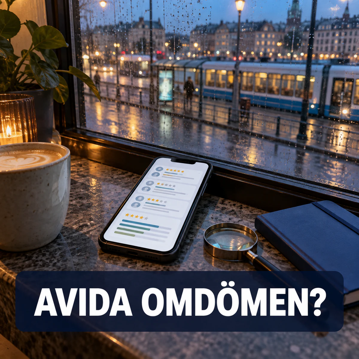 Mobil med anonyma betyg bredvid ett förstoringsglas i ett regnigt Göteborg och texten Avida omdömen?