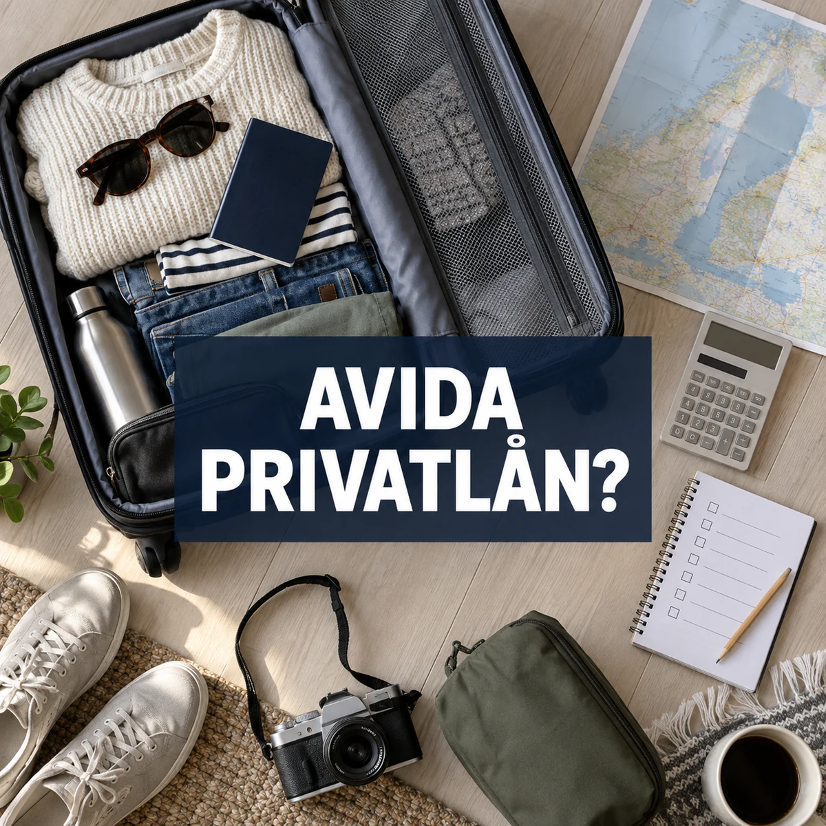 Öppen resväska, karta, kalkylator och checklista fotograferade uppifrån med texten Avida privatlån?