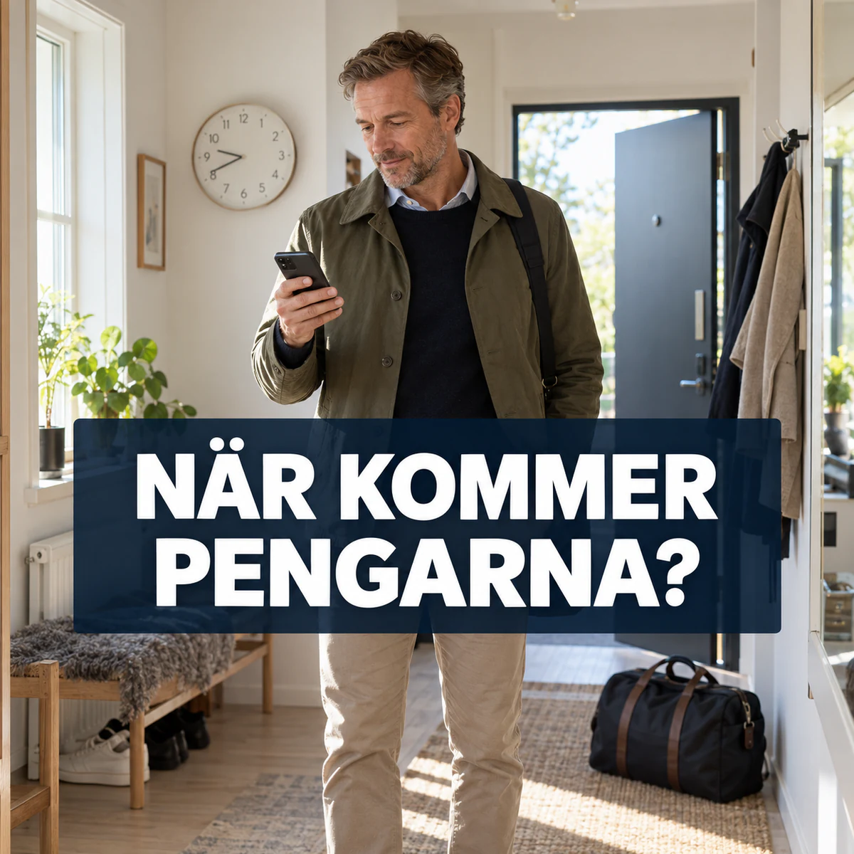 Man i en ljus svensk hall kontrollerar mobilen vid en väggklocka och texten När kommer pengarna?