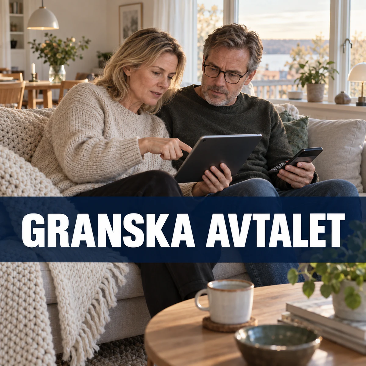 Ett medelålders par granskar ett digitalt privatlåneavtal på en surfplatta i sitt svenska vardagsrum med texten Granska avtalet