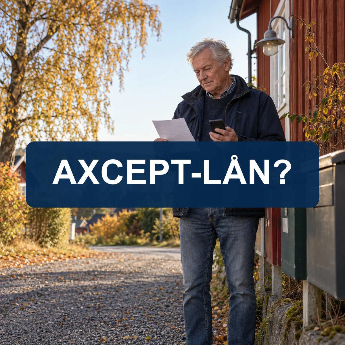 Äldre svensk man jämför ett betalningsbrev med mobilen utanför ett rött trähus med texten Axcept-lån?