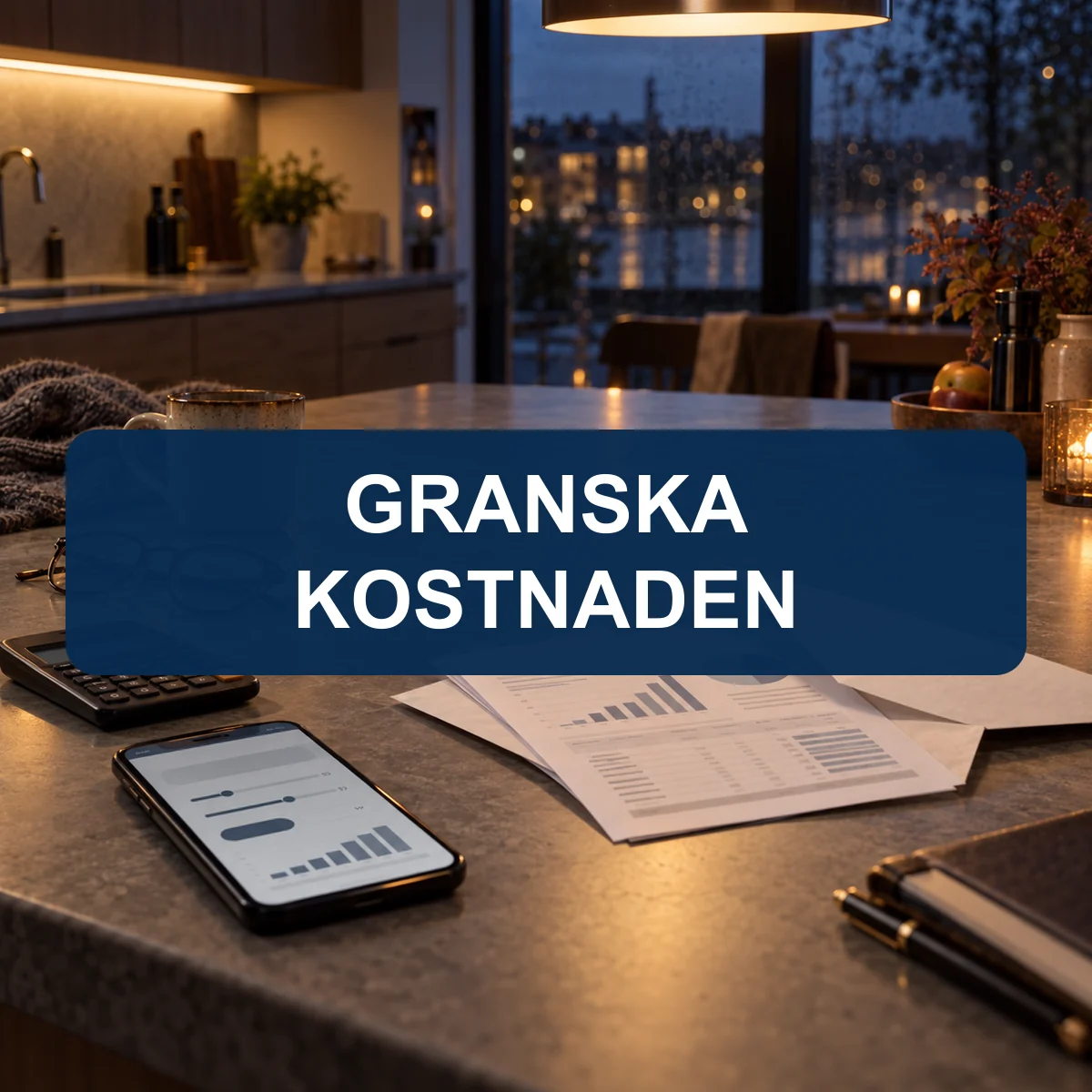 Lånebesked, mobil och miniräknare på en svensk köksö i kvällsljus med texten Granska kostnaden
