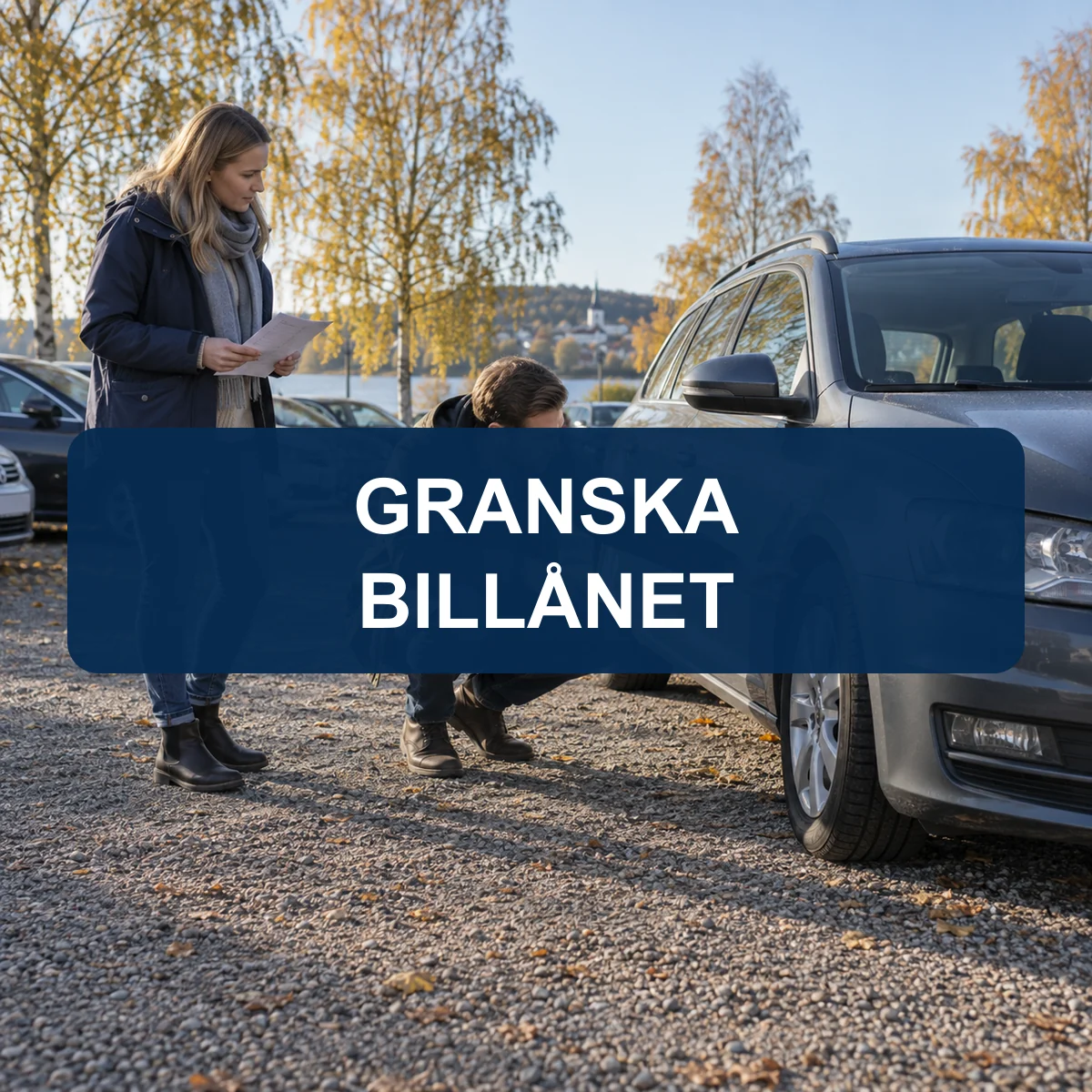 Svenskt par som kontrollerar däcket på en begagnad bil före köp med texten Granska billånet