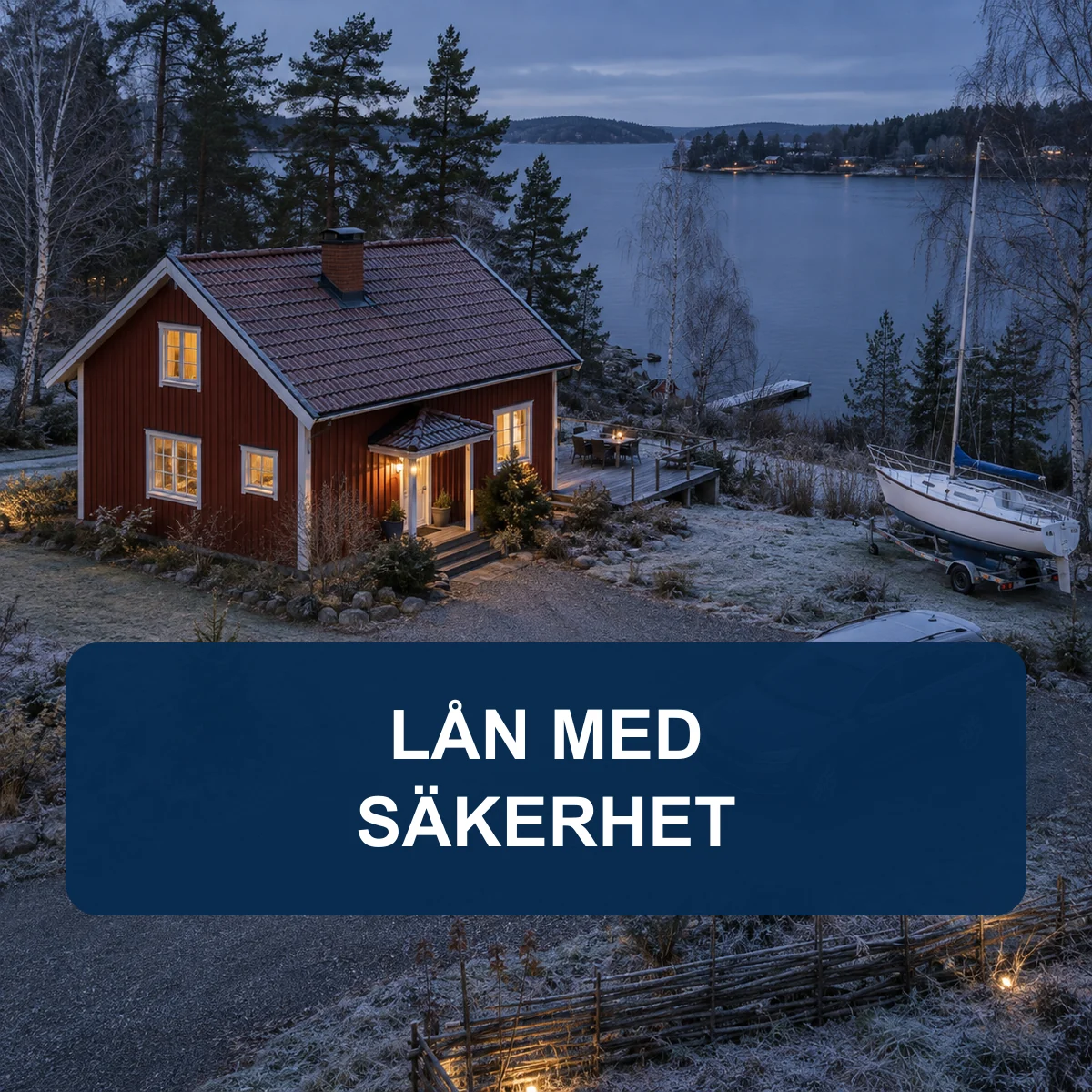 Vintervy från ovan av ett rött svenskt hus, en bil och en segelbåt på trailer med texten Lån med säkerhet