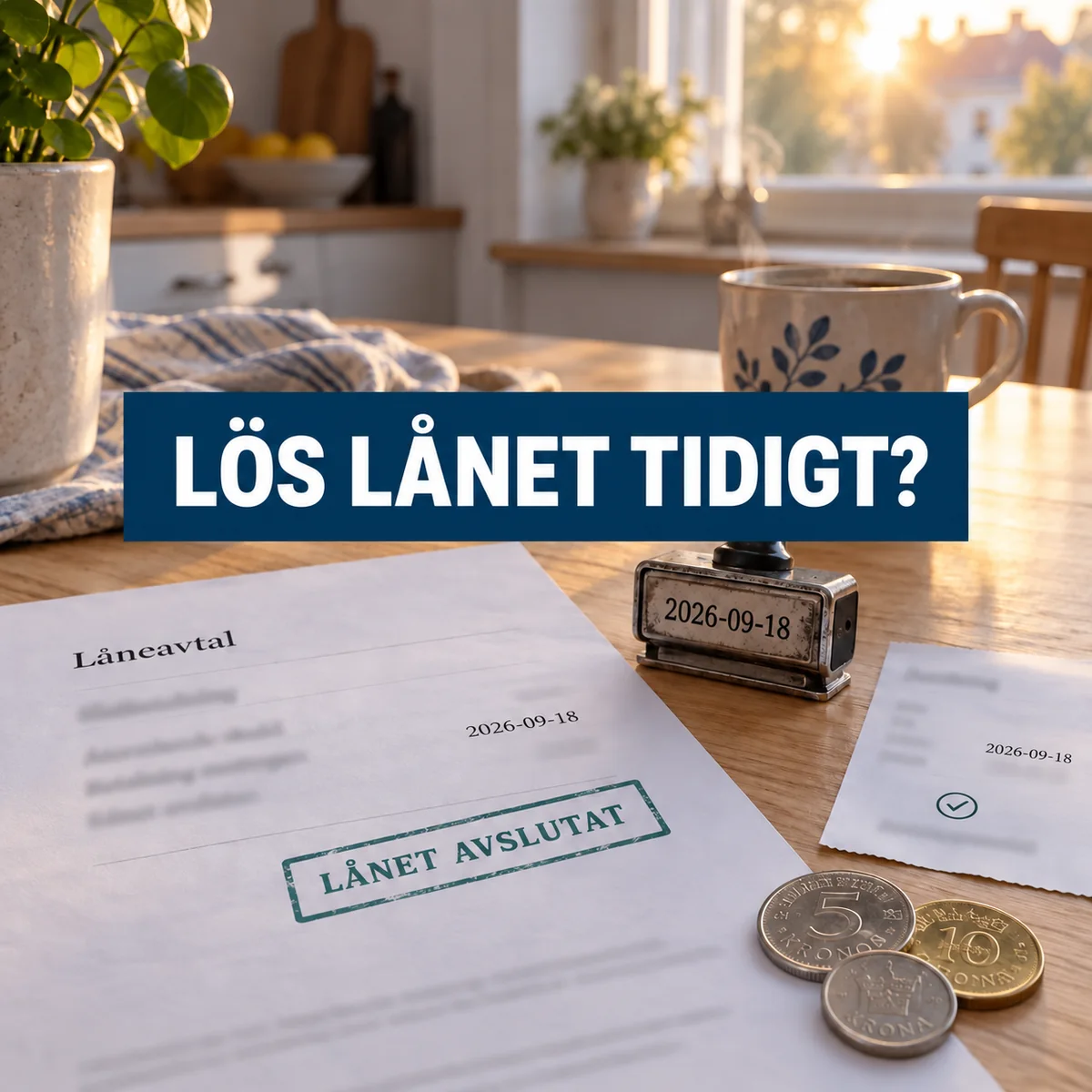 Slutbetalt låneavtal på ett svenskt köksbord med texten Lös lånet tidigt?
